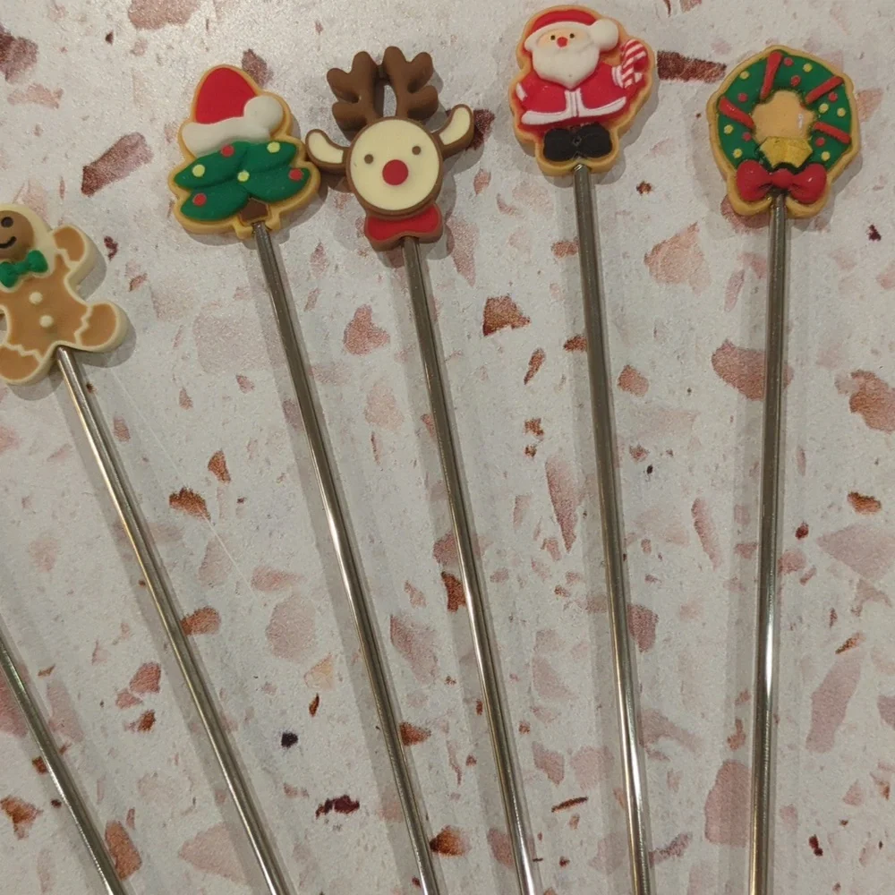 Christmas Swizzle Sticks | Set of 6 | Stainless Steel and Resin Stir Sticks